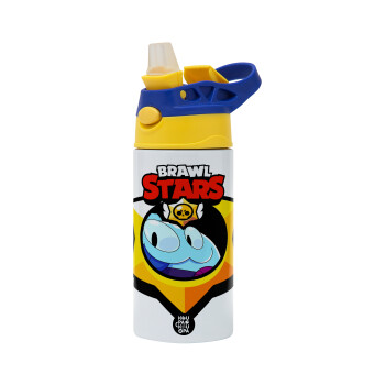 Brawl Stars Squeak, Children's hot water bottle, stainless steel, with safety straw, green, blue (360ml) BPA FREE