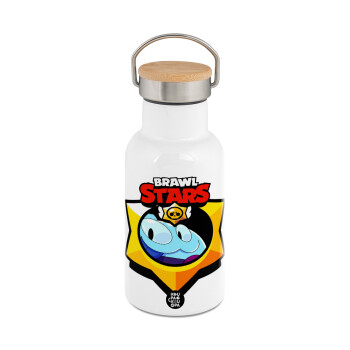 Brawl Stars Squeak, Μεταλλικό παγούρι θερμός (Stainless steel) Λευκό με ξύλινο καπακι (bamboo), διπλού τοιχώματος, 350ml