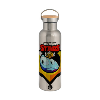 Brawl Stars Squeak, Μεταλλικό παγούρι θερμός (Stainless steel) Ασημένιο με ξύλινο καπακι (bamboo), διπλού τοιχώματος, 750ml