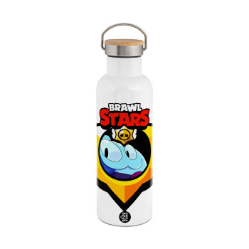 Brawl Stars Squeak, Μεταλλικό παγούρι θερμός (Stainless steel) Λευκό με ξύλινο καπακι (bamboo), διπλού τοιχώματος, 750ml