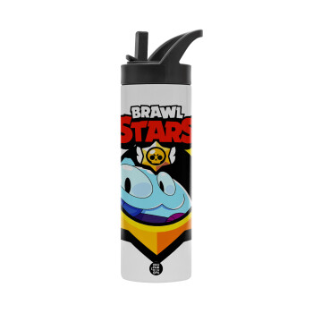 Brawl Stars Squeak, Metallic thermos bottle with straw & handle, stainless steel (Stainless steel 304), double-walled, 600ml.