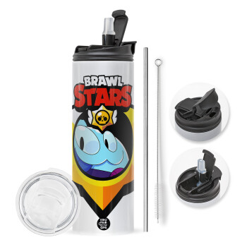 Brawl Stars Squeak, Travel Tumbler 2 Lids, with metal straw & cleaning brush (Stainless steel 304 Food grade, BPA free, 600ml)