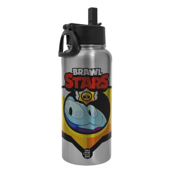 Brawl Stars Squeak, Metal mug thermo Silver with Straw and Spout Lid (Stainless steel), double wall, 950ml