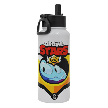 Brawl Stars Squeak, Metal mug thermo White with Straw and Spout Lid (Stainless steel), double wall, 950ml