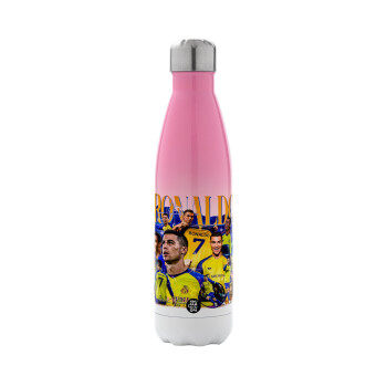 Cristiano Ronaldo Al Nassr, Metal mug thermos Pink/White (Stainless steel), double wall, 500ml