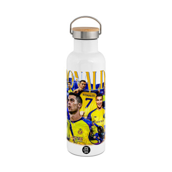 Cristiano Ronaldo Al Nassr, Μεταλλικό παγούρι θερμός (Stainless steel) Λευκό με ξύλινο καπακι (bamboo), διπλού τοιχώματος, 750ml