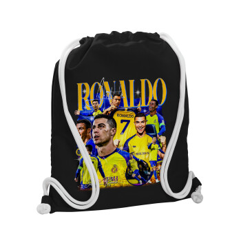 Cristiano Ronaldo Al Nassr, Backpack pouch GYMBAG Black, with pocket (40x48cm) & thick white cords