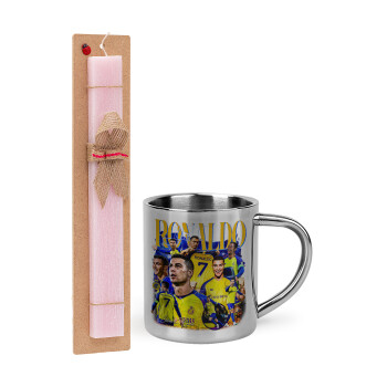 Cristiano Ronaldo Al Nassr, Easter Set, metallic thermal cup (300ml) & aromatic flat Easter candle (30cm) (PINK)