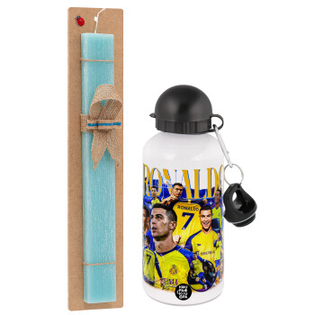 Cristiano Ronaldo Al Nassr, Easter Set, metallic aluminum water bottle (500ml) & scented flat candle (30cm) (TURQUOISE)