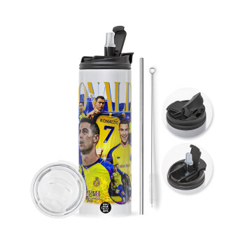 Cristiano Ronaldo Al Nassr, Travel Tumbler θερμό με διπλό καπάκι, μεταλλικό καλαμάκι και βούρτσα καθαρισμού (Ανωξείδωτο 304 Food grade, BPA free, 600ml)