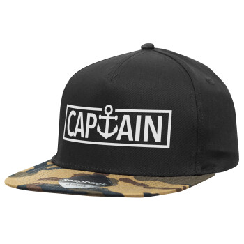 CAPTAIN, Adult Flat Snapback Hat Black/Camouflage, (100% COTTON TWILL, ADULT, UNISEX, ONE SIZE)