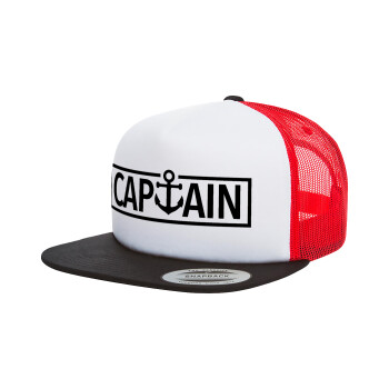 CAPTAIN, Adult Foam Flat Snapback with Mesh Black-White-Red (POLYESTER, ADULT, UNISEX, ONE SIZE)