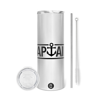 CAPTAIN, Eco friendly ποτήρι θερμό (tumbler) από ανοξείδωτο ατσάλι 600ml, με μεταλλικό καλαμάκι & βούρτσα καθαρισμού