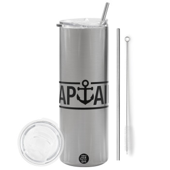 CAPTAIN, Tumbler stainless steel Silver 600ml, with metal straw & cleaning brush