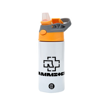 Rammstein, Children's hot water bottle, stainless steel, with safety straw, Orange/Grey (360ml) BPA-FREE