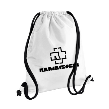 Rammstein, Backpack pouch GYMBAG white, with pocket (40x48cm) & thick cords