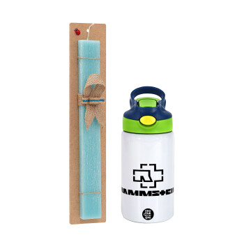 Rammstein, Easter Set, Children's thermal stainless steel bottle with safety straw, green/blue (350ml) & aromatic flat Easter candle (30cm) (TURQUOISE)