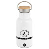 Metallic thermos (Stainless steel) White with wooden lid (bamboo), double-walled, 350ml