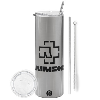 Rammstein, Eco friendly stainless steel Silver tumbler 600ml, with metal straw & cleaning brush