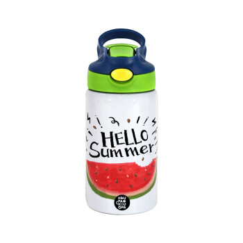 Summer Watermelon, Children's hot water bottle, stainless steel, with safety straw, green, blue (350ml)