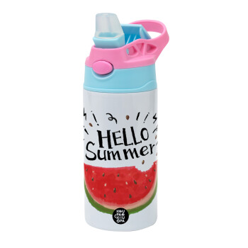 Summer Watermelon, Children's hot water bottle, stainless steel, with safety straw, Pink/BlueCiel (360ml) BPA FREE