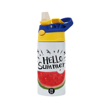 Summer Watermelon, Children's hot water bottle, stainless steel, with safety straw, green, blue (360ml) BPA FREE