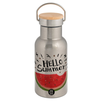 Summer Watermelon, Stainless steel metallic thermos flask, silver with a bamboo lid, double-walled, 350ml.