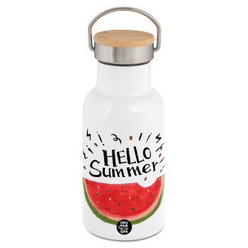 Summer Watermelon, Metallic thermos (Stainless steel) White with wooden lid (bamboo), double-walled, 350ml