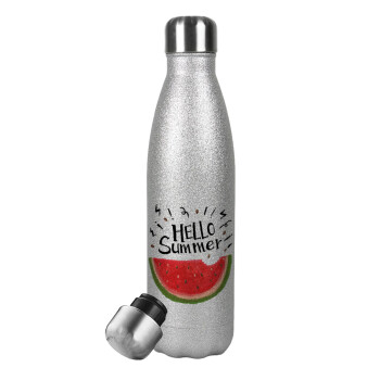 Summer Watermelon, Metallic Glitter Silver Thermos Flask (Stainless steel), double-walled, 500ml