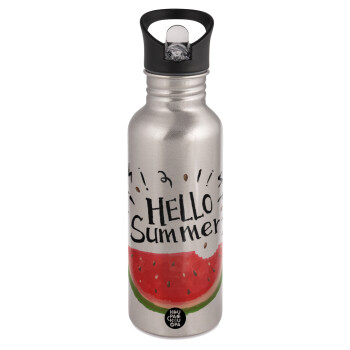 Summer Watermelon, Water bottle Silver with straw, stainless steel 600ml