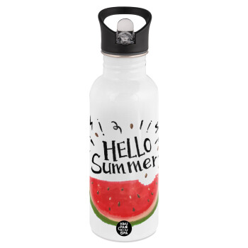 Summer Watermelon, White water bottle with straw, stainless steel 600ml