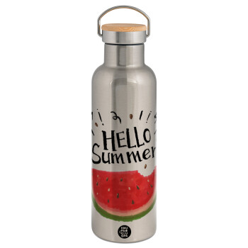 Summer Watermelon, Stainless steel Silver with wooden lid (bamboo), double wall, 750ml