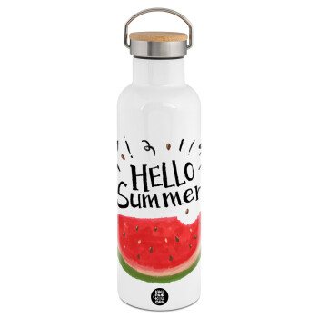 Summer Watermelon, Stainless steel White with wooden lid (bamboo), double wall, 750ml