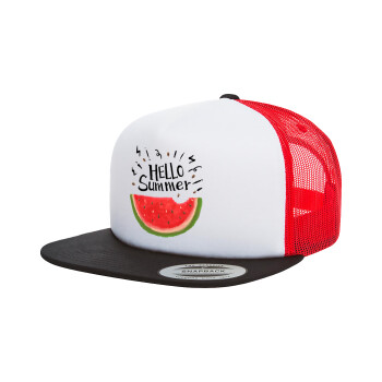 Summer Watermelon, Adult Foam Flat Snapback with Mesh Black-White-Red (POLYESTER, ADULT, UNISEX, ONE SIZE)