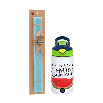 Summer Watermelon, Easter Set, Children's thermal stainless steel bottle with safety straw, green/blue (350ml) & aromatic flat Easter candle (30cm) (TURQUOISE)