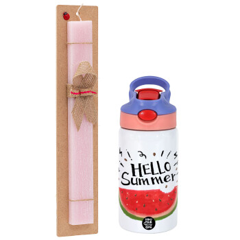 Summer Watermelon, Easter Set, Children's thermal stainless steel water bottle with safety straw, pink/purple (350ml) & Easter scented flat candle (30cm) (PINK)