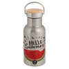 Stainless steel metallic thermos flask, silver with a bamboo lid, double-walled, 350ml.