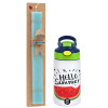 Easter Set, Children's thermal stainless steel bottle with safety straw, green/blue (350ml) & aromatic flat Easter candle (30cm) (TURQUOISE)