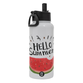 Summer Watermelon, Metal mug thermo White with Straw and Spout Lid (Stainless steel), double wall, 950ml