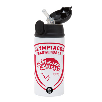 Olympiacos B.C., Children's hot water bottle, stainless steel, with safety straw, Black (360ml) BPA-FREE