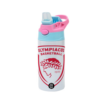 Olympiacos B.C., Children's hot water bottle, stainless steel, with safety straw, Pink/BlueCiel (360ml) BPA FREE