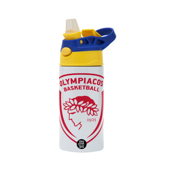 Olympiacos B.C., Children's hot water bottle, stainless steel, with safety straw, green, blue (360ml) BPA FREE