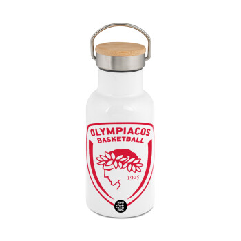 Olympiacos B.C., Μεταλλικό παγούρι θερμός (Stainless steel) Λευκό με ξύλινο καπακι (bamboo), διπλού τοιχώματος, 350ml