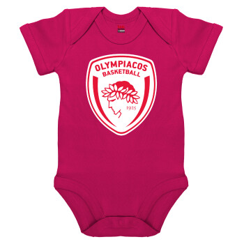 Olympiacos B.C., Βρεφικό φορμάκι μωρού, 0-18 μηνών, ΡΟΖ, 100% Organic Cotton, κοντομάνικο