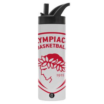 Olympiacos B.C., Metallic thermos bottle with straw & handle, stainless steel (Stainless steel 304), double-walled, 600ml.