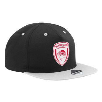 Olympiacos B.C., Adult Flat Snapback Hat Black/Grey, (100% COTTON TWILL, ADULT, UNISEX, ONE SIZE)