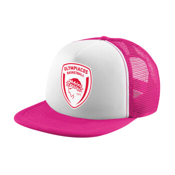 Olympiacos B.C., Adult Soft Trucker Hat with Pink/White Mesh (POLYESTER, ADULT, UNISEX, ONE SIZE)