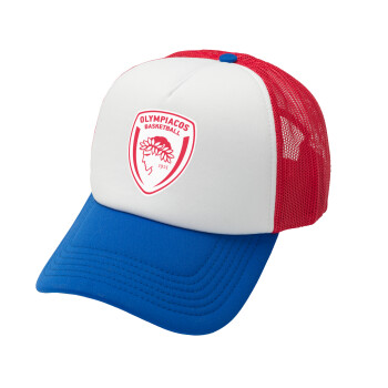 Olympiacos B.C., Adult Soft Trucker Hat with Red/Blue/White Mesh (POLYESTER, ADULT, UNISEX, ONE SIZE)