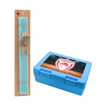 Olympiacos B.C., Easter Set, children's snack container BLUE & Easter aromatic flat candle (30cm) (TURQUOISE)