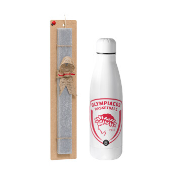 Olympiacos B.C., Easter Set, metallic stainless thermos bottle (500ml) & scented flat Easter candle (30cm) (GRAY)